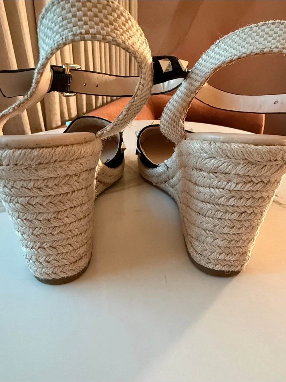 Marc Fisher Black Studded Suede Espadrille Wedges, size 8.5, EUC